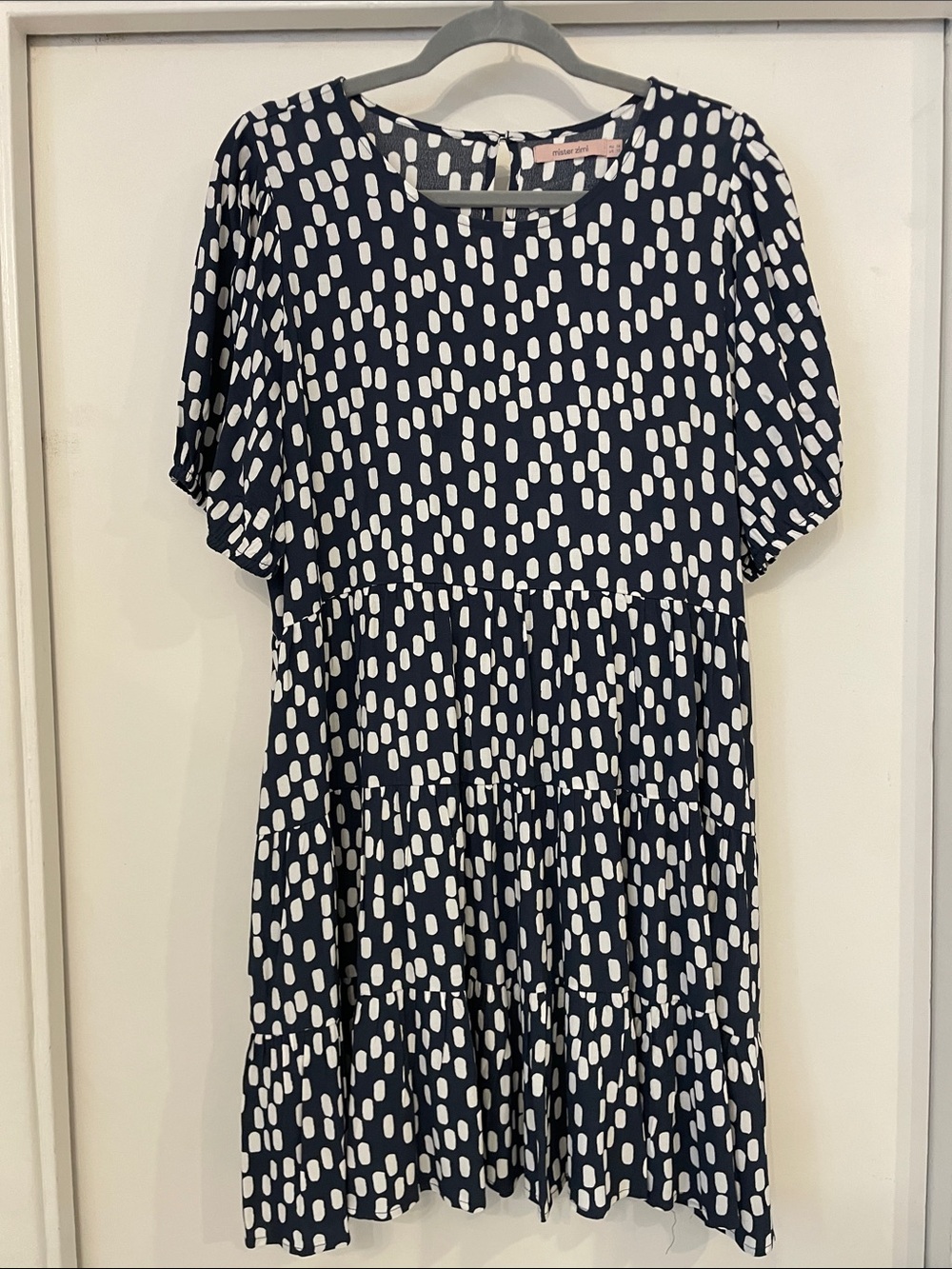 Mister Zimi Navy and White Print Tiered Mini Dress